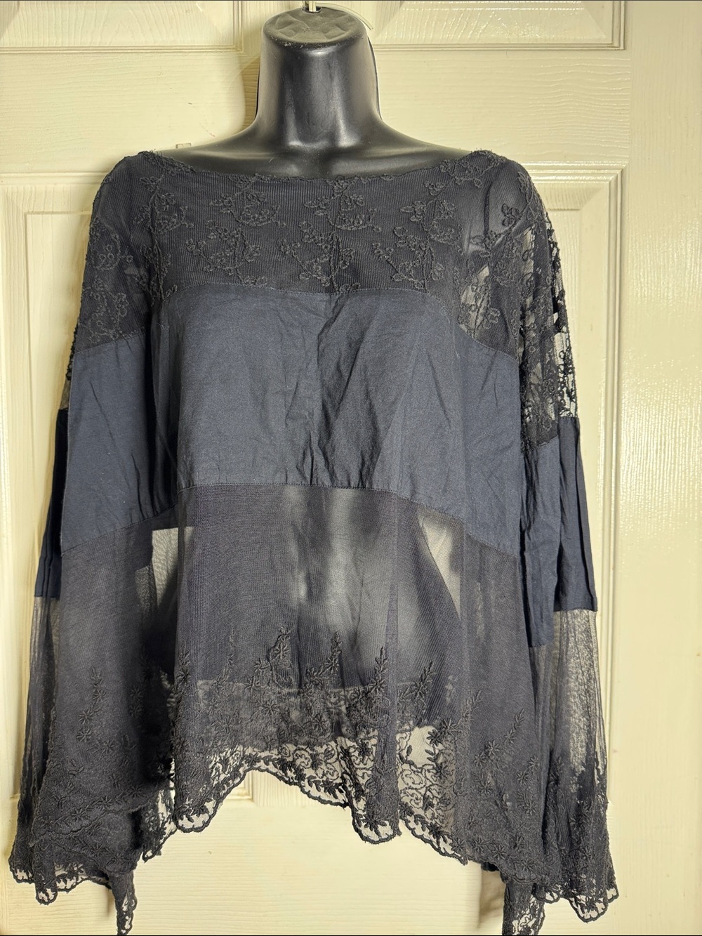 Free People Black Lace Mixed-Media Peasant Oversized Blouse Sz Medium